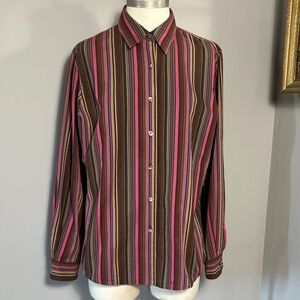 Foxcroft Size 10 Pink Brown Striped Button Down Shirt Shaped Fit